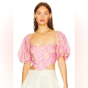 NEW Bardot Kiah Floral Cropped Corset in Pink Garden w/ Puff Sleeves Top Size 4